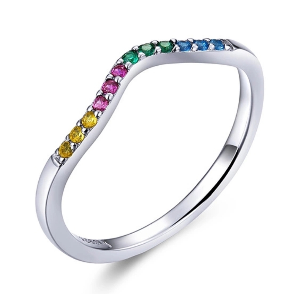 🌈 925 Sterling Silver Wave Rainbow Wedding Stack